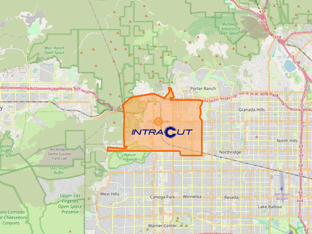 Map outline of Chatsworth, CA where Intracut provides concrete cutting and demolition services