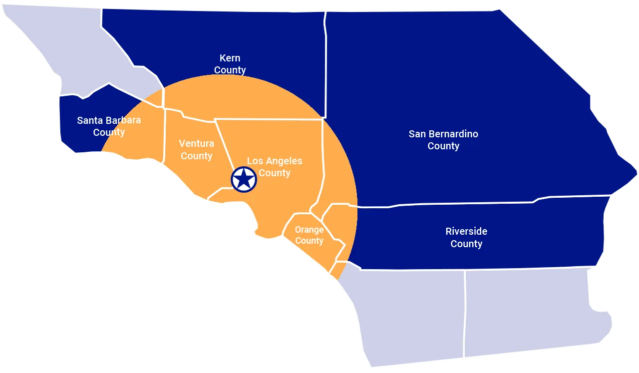 Map highlighting service coverage in LA, Ventura, and Orange counties, plus parts of Kern, SB, Riverside, and Santa Barbara
